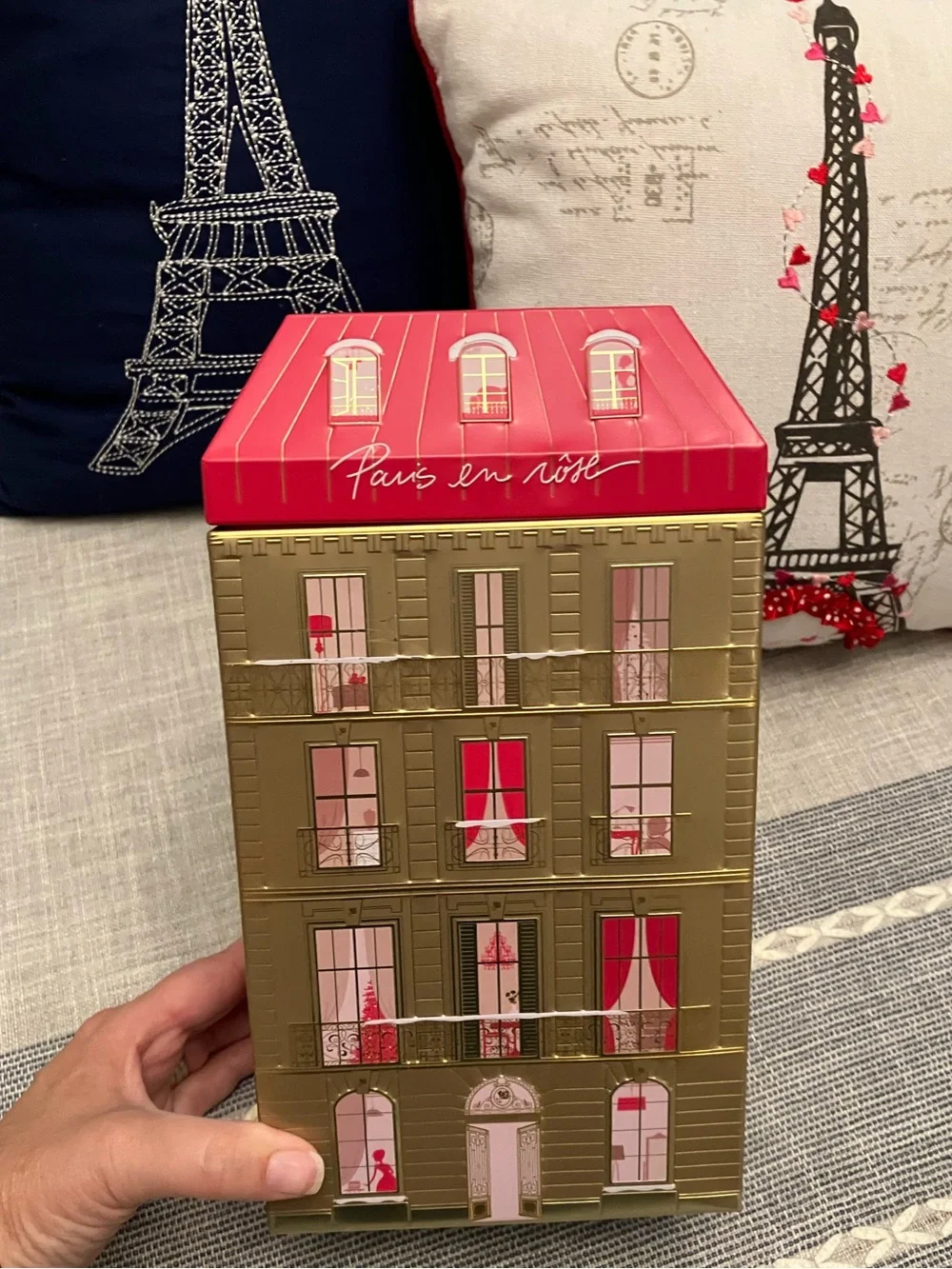 Paris Decor: 2 decorative pillows, silver Eiffel Tower figurine, tall canister